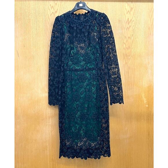 NWT Dolce & Gabbana Black Green Long-Sleeve Lace Dress Contrast Slip IT 44 L - Picture 10 of 15